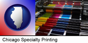 an offset printing press with CMYK ink rollers in Chicago, IL