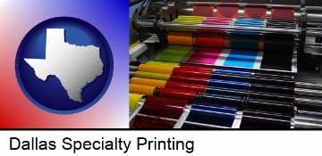 an offset printing press with CMYK ink rollers in Dallas, TX