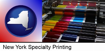 an offset printing press with CMYK ink rollers in New York, NY