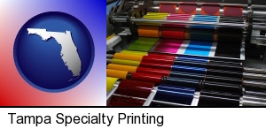 an offset printing press with CMYK ink rollers in Tampa, FL