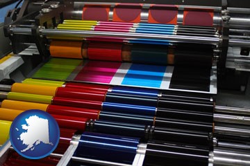 an offset printing press with CMYK ink rollers - with Alaska icon