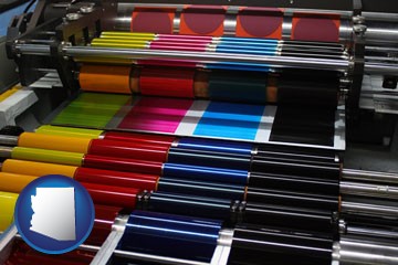 an offset printing press with CMYK ink rollers - with Arizona icon