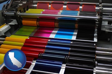 an offset printing press with CMYK ink rollers - with California icon