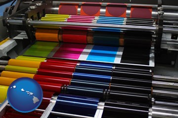 an offset printing press with CMYK ink rollers - with Hawaii icon