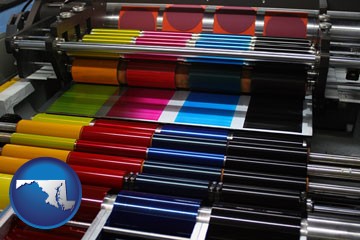 an offset printing press with CMYK ink rollers - with Maryland icon
