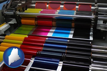 an offset printing press with CMYK ink rollers - with Maine icon