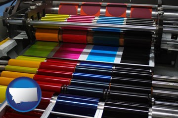 an offset printing press with CMYK ink rollers - with Montana icon
