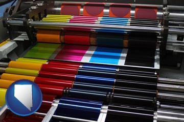 an offset printing press with CMYK ink rollers - with Nevada icon