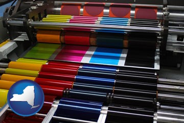 an offset printing press with CMYK ink rollers - with New York icon