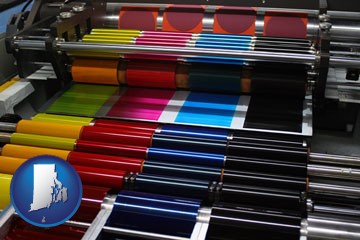an offset printing press with CMYK ink rollers - with Rhode Island icon