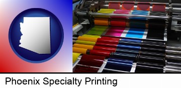 an offset printing press with CMYK ink rollers in Phoenix, AZ