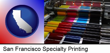 an offset printing press with CMYK ink rollers in San Francisco, CA