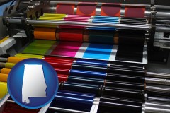 alabama map icon and an offset printing press with CMYK ink rollers