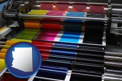 arizona map icon and an offset printing press with CMYK ink rollers