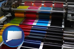 connecticut map icon and an offset printing press with CMYK ink rollers