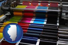 illinois map icon and an offset printing press with CMYK ink rollers