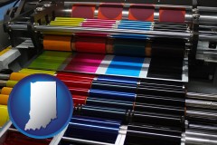 indiana map icon and an offset printing press with CMYK ink rollers