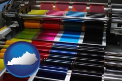 kentucky map icon and an offset printing press with CMYK ink rollers