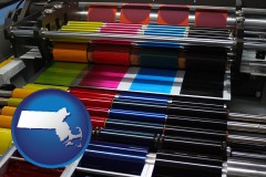 massachusetts map icon and an offset printing press with CMYK ink rollers
