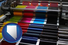 nevada map icon and an offset printing press with CMYK ink rollers