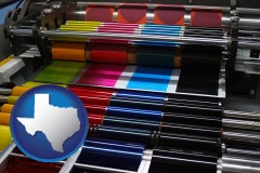 texas map icon and an offset printing press with CMYK ink rollers