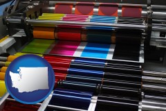 washington map icon and an offset printing press with CMYK ink rollers