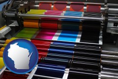 wisconsin map icon and an offset printing press with CMYK ink rollers